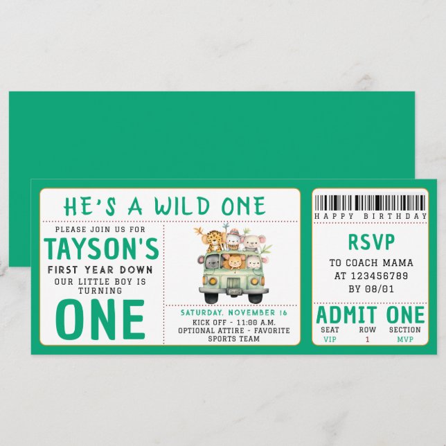 Wild One Jungle Safari Animals Boy 1st Birthday Invitation (Front/Back)