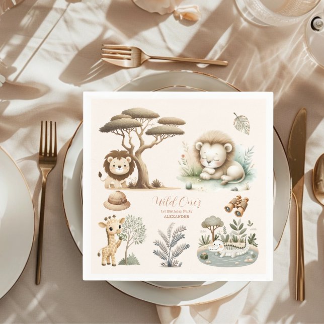 Wild One Jungle Safari Animals Boy 1st Birthday Napkins (Creator Uploaded)