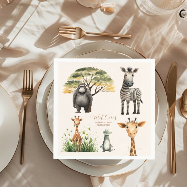 Wild One Jungle Safari Animals Boy 1st Birthday Napkins (Creator Uploaded)