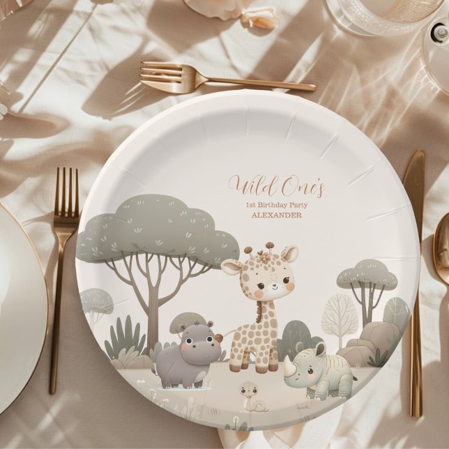 Wild One Jungle Safari Animals Boy 1st Birthday Paper Plates (Creator Uploaded)
