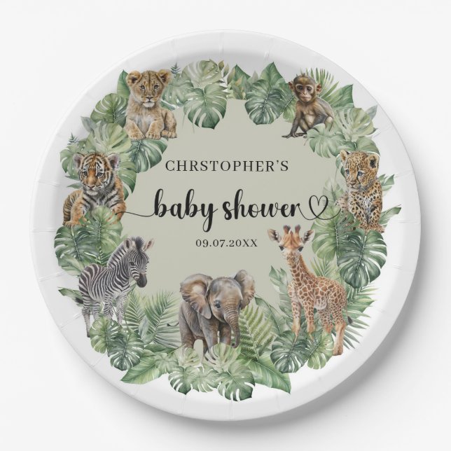 Wild One Jungle Safari Animals Boy Baby Shower  Paper Plates (Front)