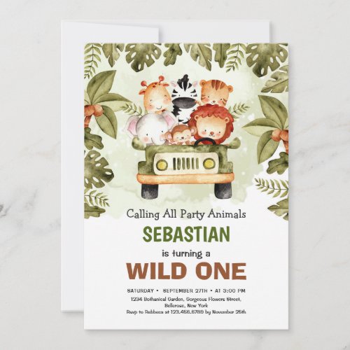 Wild One jungle safari animals driving a truck  Invitation