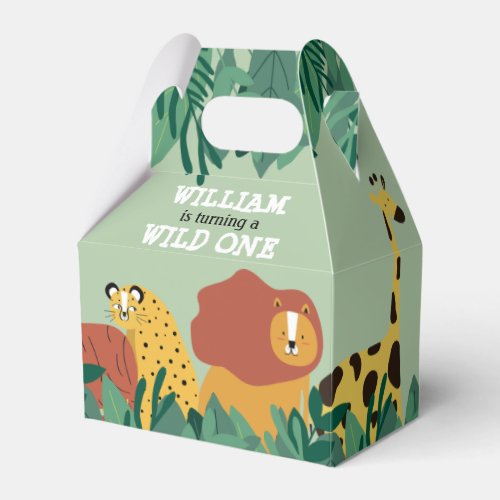 Wild One Jungle Safari Animals First Birthday Favor Box - Featuring cute wild safari animals in a jungle, this fun first birthday favor box can be personalized with the birthday boy or girl's name. Designed by Thisisnotme©