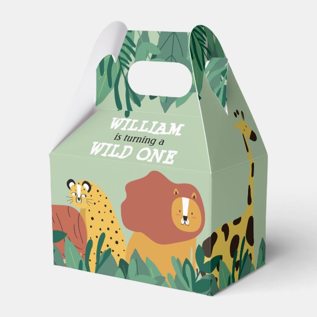 Wild One Jungle Safari Animals First Birthday Favor Boxes (Front Side)