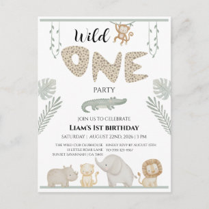 Wild One Jungle Safari Animals First Birthday Invitation Postcard