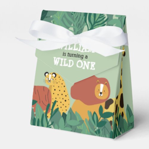 Wild One Jungle Safari Animals Fun First Birthday Favor Box - Featuring cute wild safari animals in a jungle, this fun first birthday favor box can be personalized with the birthday boy or girl's name. Designed by Thisisnotme©