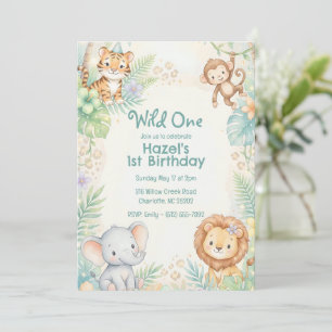 Wild One Jungle Safari Animals Girl 1st Birthday Invitation