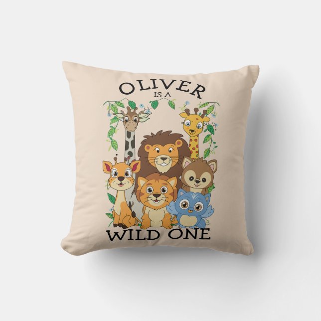 Wild One Jungle Safari Baby 1st Birthday Cute Baby Throw Pillow (Front)