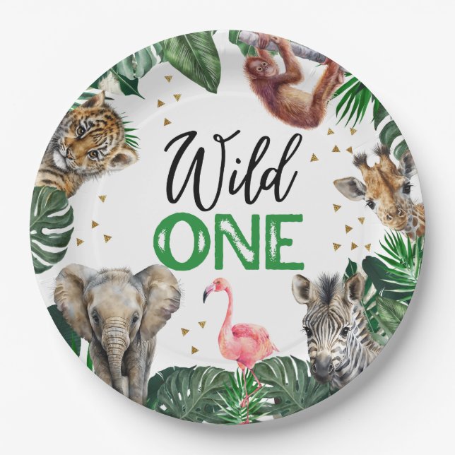 Wild One Jungle Safari Baby Boy 1st birthday Paper Plates (Front)