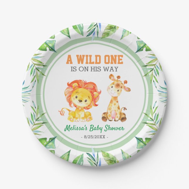 Wild One Jungle Safari Baby Boy Shower Sprinkle Paper Plates (Front)