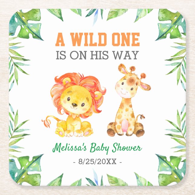 Wild One Jungle Safari Baby Boy Shower Sprinkle Square Paper Coaster (Front)