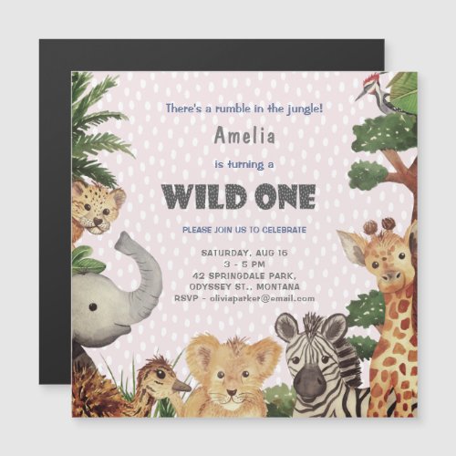 Wild One Jungle Safari Baby Girl Birthday Party Magnetic Invitation
