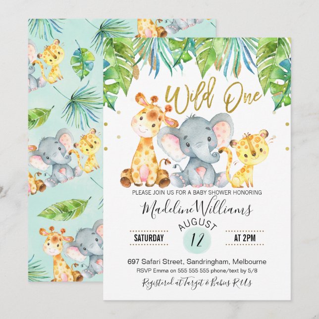 Wild One Jungle Safari Baby Shower invitation (Front/Back)
