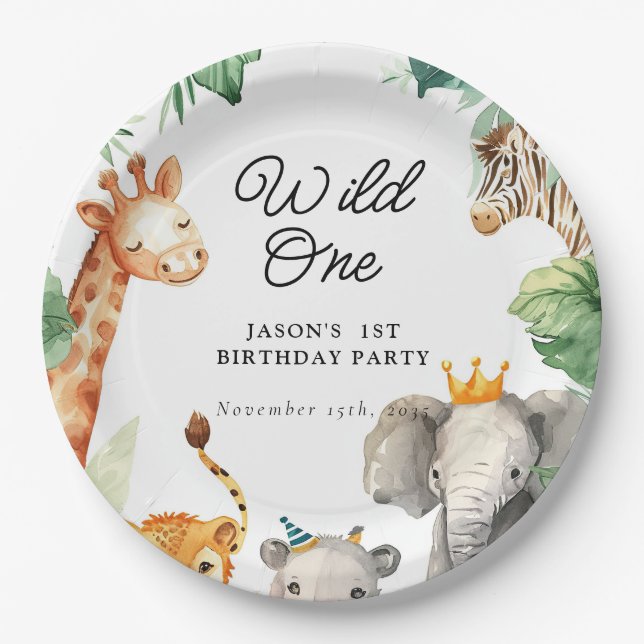 Wild One Jungle Safari Birthday Paper Plates (Front)