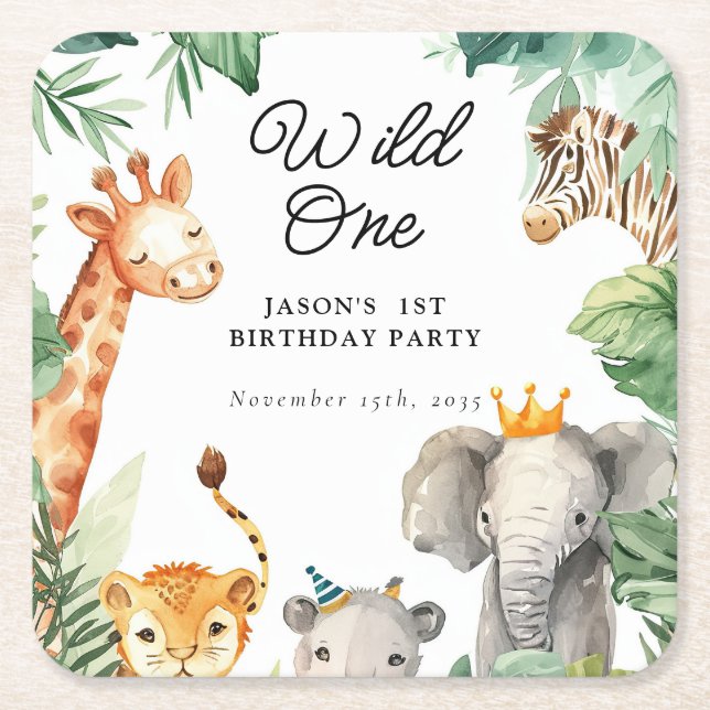 Wild One Jungle Safari Birthday Square Paper Coaster (Front)