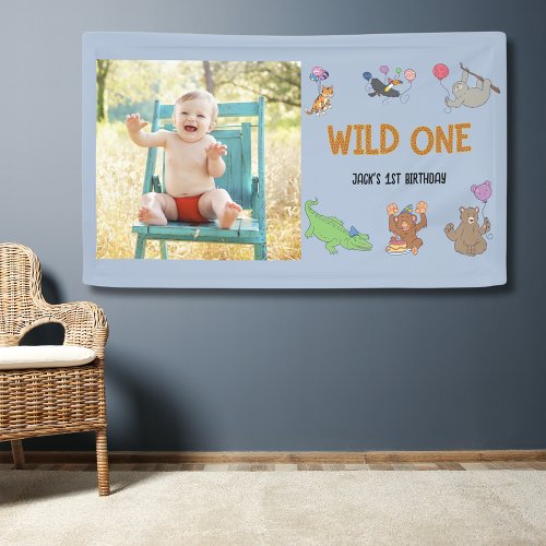 Wild One Jungle Safari Blue 1st Birthday Banner