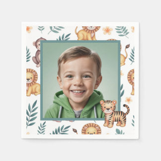 Wild One Jungle Safari Boy Birthday Custom Photo Napkins