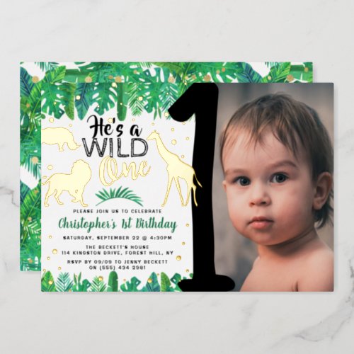 Wild One Jungle Safari Boys 1st Birthday Photo Foil Invitation