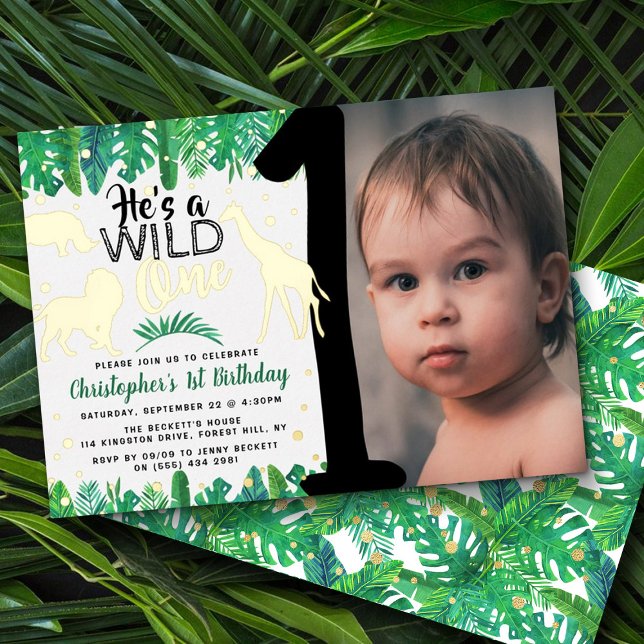 Wild One Jungle Safari Boys 1st Birthday Photo Foil Invitation (Creator Uploaded)