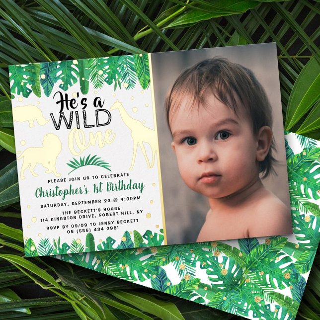 Wild One Jungle Safari Boys 1st Birthday Photo Foil Invitation (Creator Uploaded)