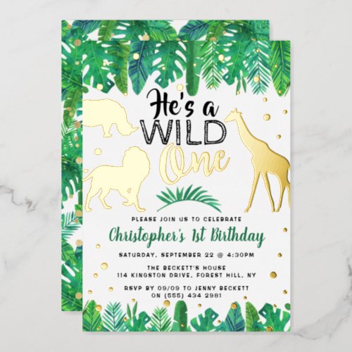 Wild One Jungle Safari Boys 1st Birthday Real Foil Invitation