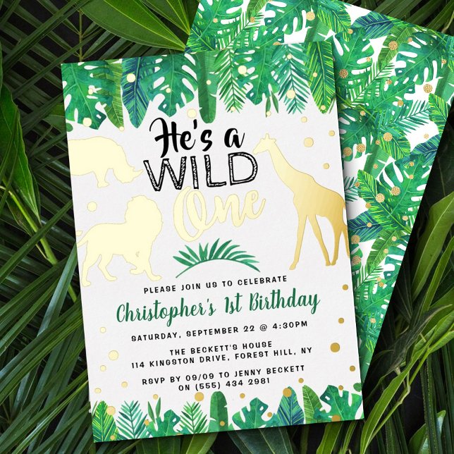 Wild One Jungle Safari Boys 1st Birthday Real Foil Invitation (Creator Uploaded)