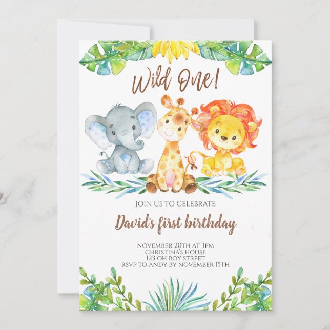 Wild One Jungle Safari Cute Boy 1st Birthday Invitation (Front)