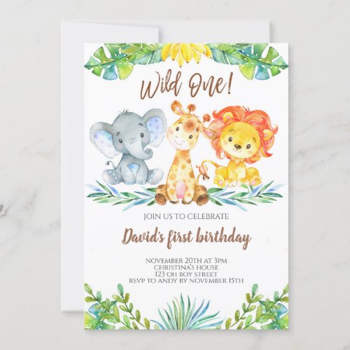 Wild One Jungle Safari Cute Boy 1st Birthday Invitation