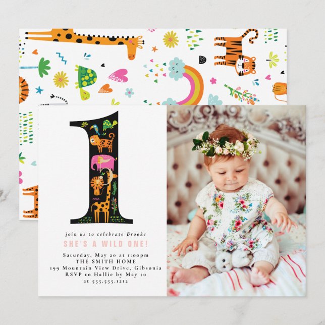 Wild One Jungle Safari First Birthday Invitation (Front/Back)