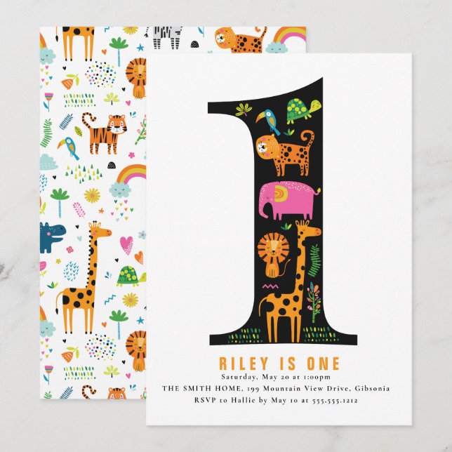 Wild One Jungle Safari First Birthday Invitation (Front/Back)