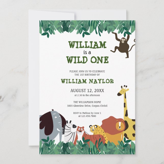 Wild One Jungle Safari First Birthday Invitation (Front)