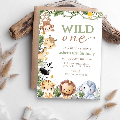 Wild One Jungle Safari First Birthday Invitation