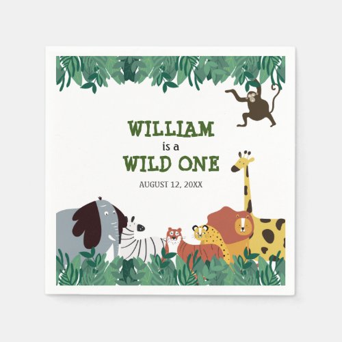 Wild One Jungle Safari First Birthday Party Napkins - Wild One Jungle Safari Photo First Birthday party napkin featuring cute wild animals. Designed by Thisisnotme©