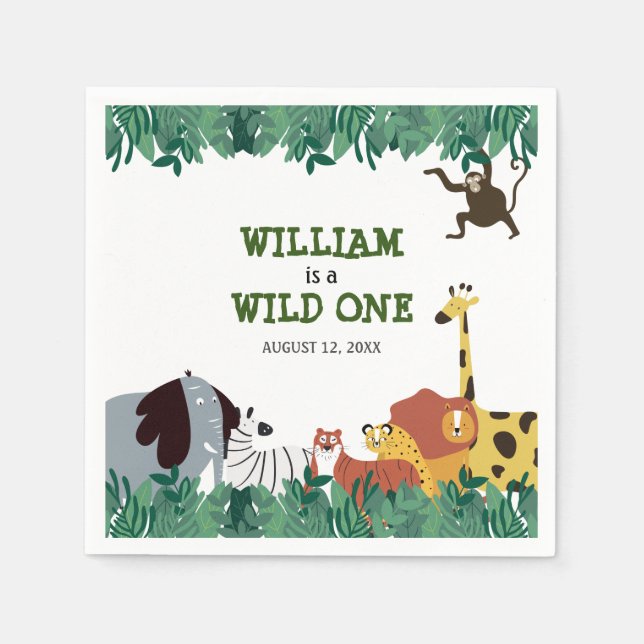 Wild One Jungle Safari First Birthday Party Napkins (Front)