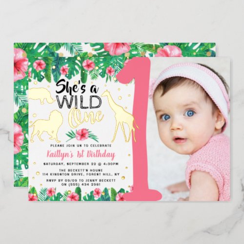 Wild One Jungle Safari Girls 1st Birthday Photo Foil Invitation