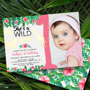 Wild One Jungle Safari Girls 1st Birthday Photo Foil Invitation