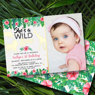 Wild One Jungle Safari Girls 1st Birthday Photo Foil Invitation