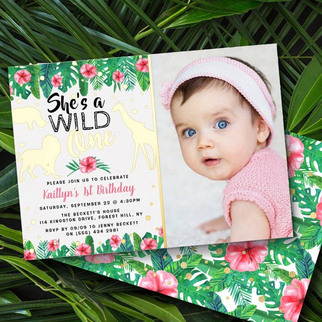 Wild One Jungle Safari Girls 1st Birthday Photo Foil Invitation (Creator Uploaded)