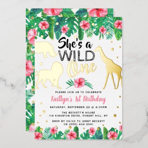 Wild One Jungle Safari Girls 1st Birthday Real Foil Invitation