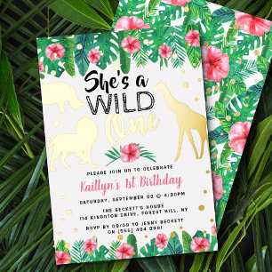 Wild One Jungle Safari Girls 1st Birthday Real Foil Invitation