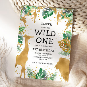 Wild One Jungle Safari Gold Green 1st Birthday Invitation