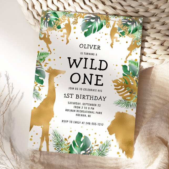 Wild One Jungle Safari Gold Green 1st Birthday Invitation (Creator Uploaded)