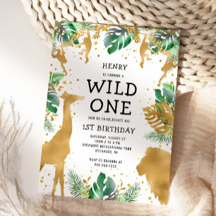 Wild One Jungle Safari Gold Green 1st Birthday Invitation