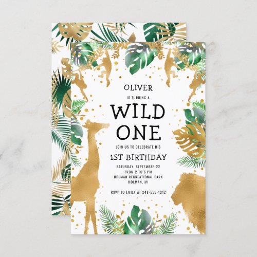 Wild One Jungle Safari Gold Green 1st Birthday Invitation