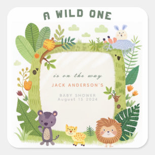 Wild One Jungle Safari Green Baby Boy Baby Shower Square Sticker