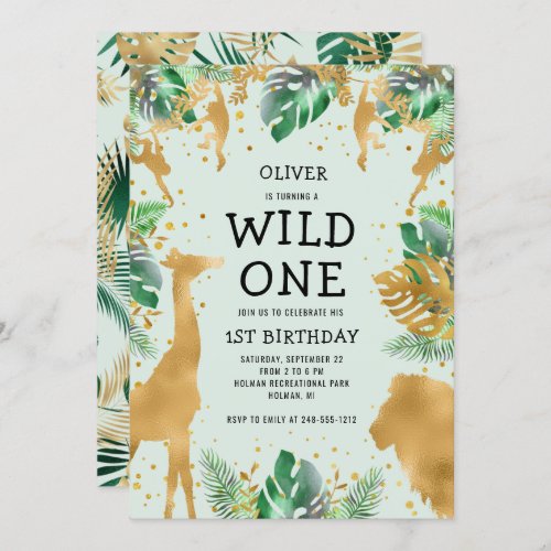 Wild One Jungle Safari Green Gold 1st Birthday Invitation