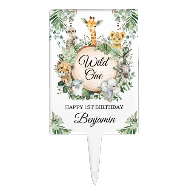 Wild One Jungle Safari Greenery 1st Birthday Cake Topper (Front)