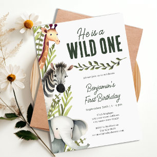 Wild One Jungle Safari Greenery 1st Birthday Party Invitation