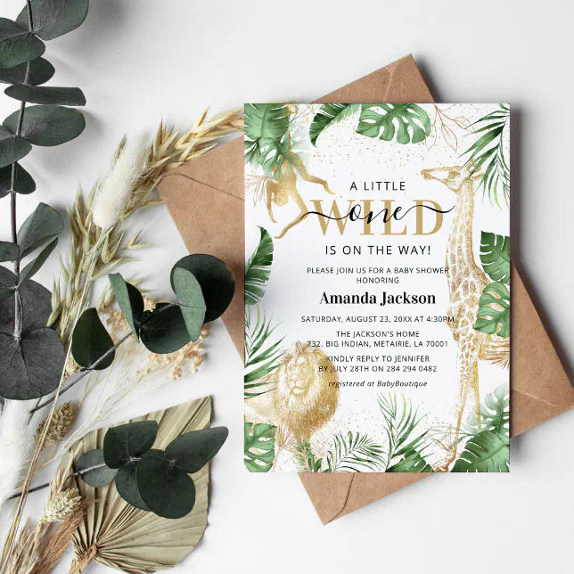 Wild One Jungle Safari Greenery & Gold Baby Shower Invitation | Zazzle