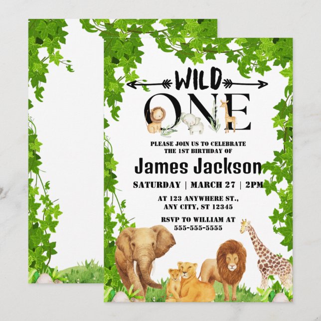 Wild One Jungle Safari Kids Themed 1st Birthday Invitation (Front/Back)